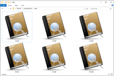 Screenshot několika souborů MOBI ve Windows 10
