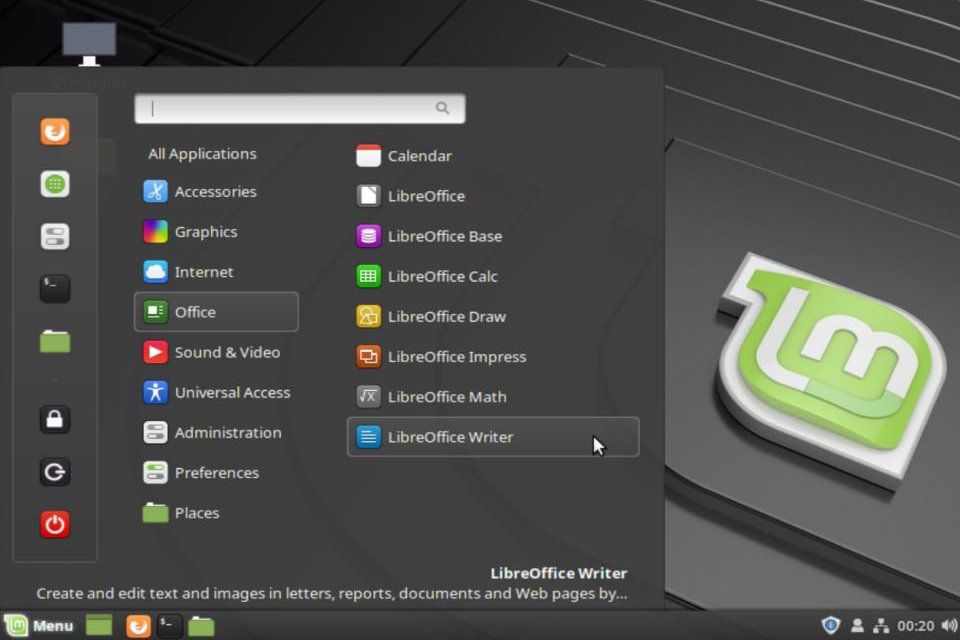 Hlavní nabídka pracovní plochy Linux Mint