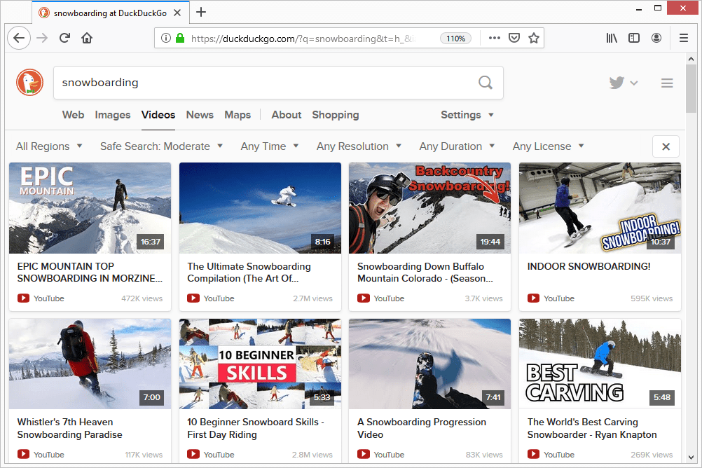 Výsledky snowboardingového videa DuckDuckGo