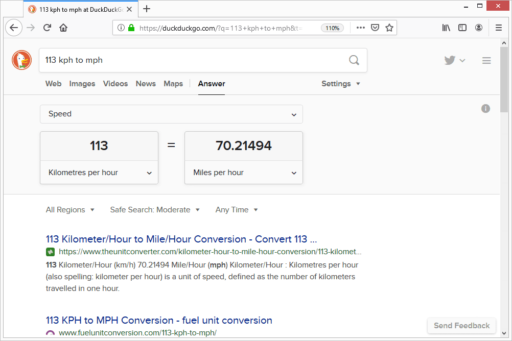 DuckDuckGo převod na km / h