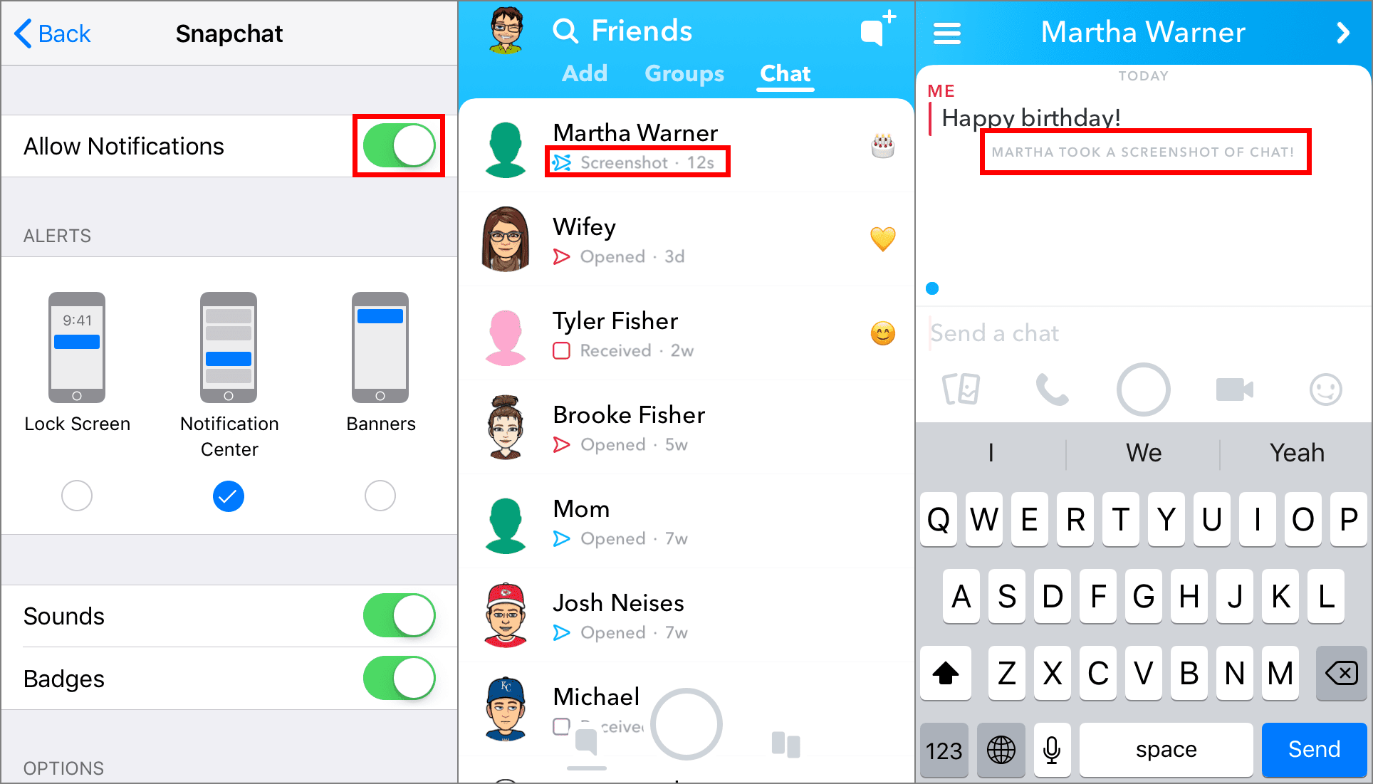 Možnost Povolit oznámení, oznámení v seznamu přátel a oznámení v chatu v Snapchatu