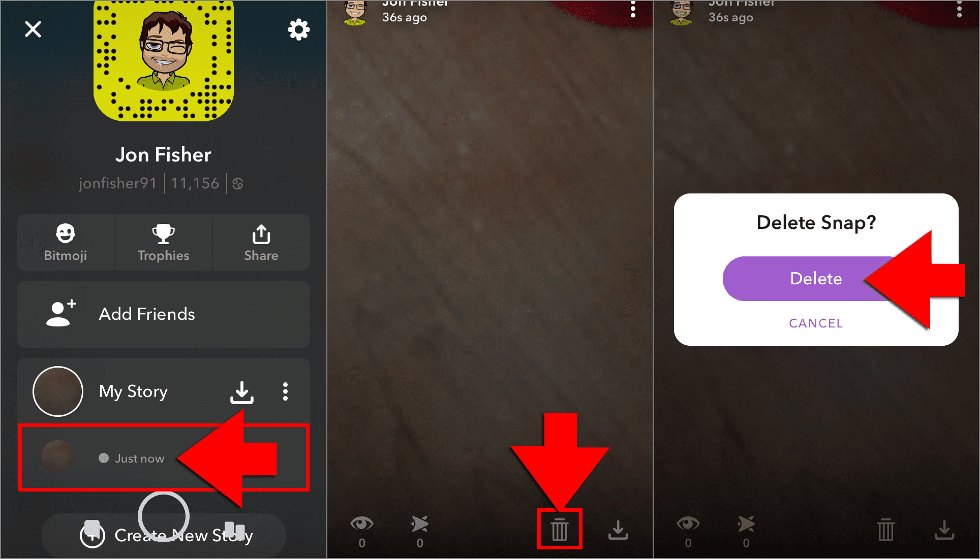 Výběr chatu, ikona koše a Odstranit Snap?  okno v Snapchatu