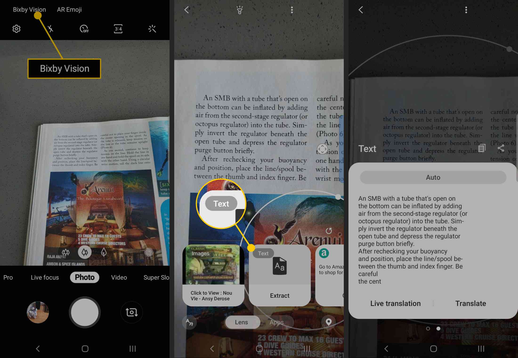 Tlačítko Bixby Vision a textová karta v systému Android
