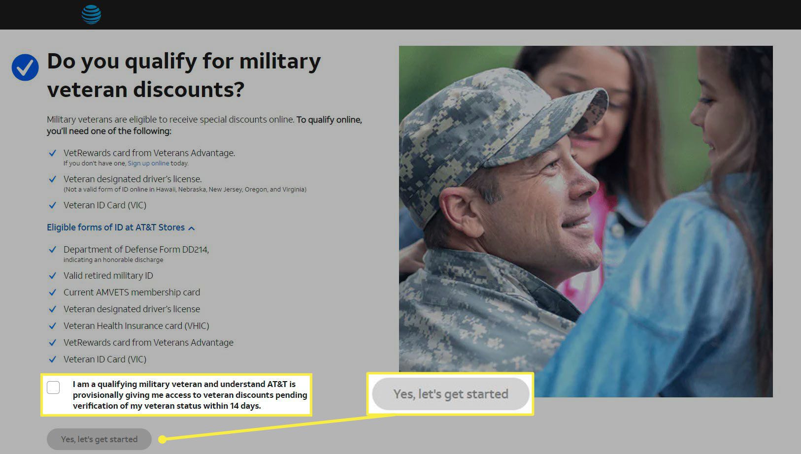 Stránka slevy veteránů AT&T zobrazující tlačítko Ano, pojďme začít.