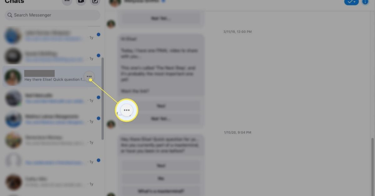 Tři tečky na chatu v levém podokně okna Facebook Messenger