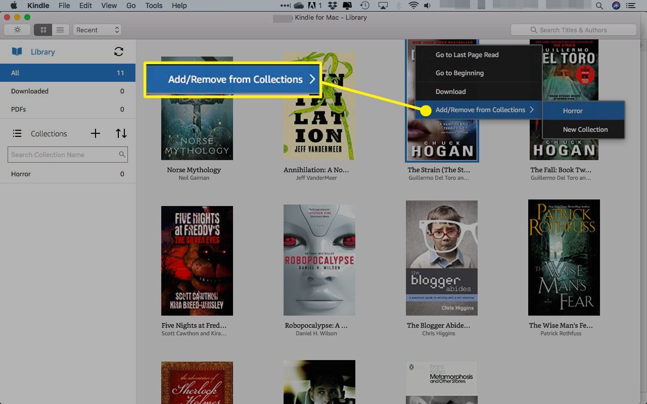 Klikněte pravým tlačítkem na nabídku knihy v aplikaci Kindle pro Mac se zvýrazněnou možností „Přidat / Odebrat ze sbírek“