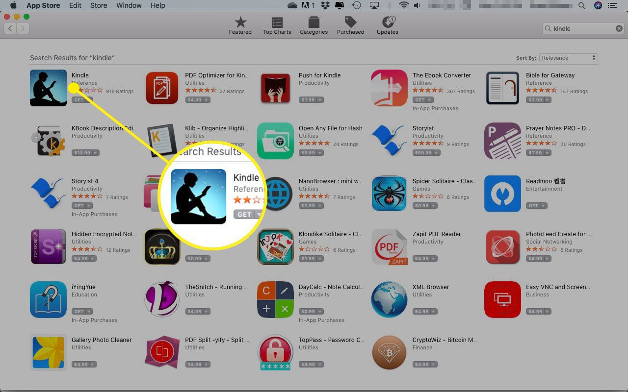 Mac App Store se zvýrazněnou aplikací Kindle