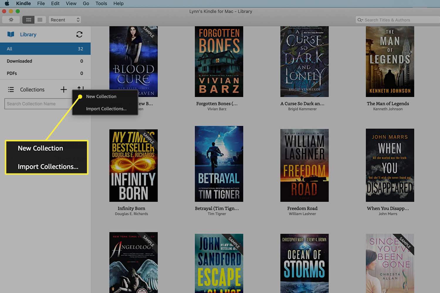 Aplikace Kindle pro Mac se zvýrazněným tlačítkem Nová kolekce
