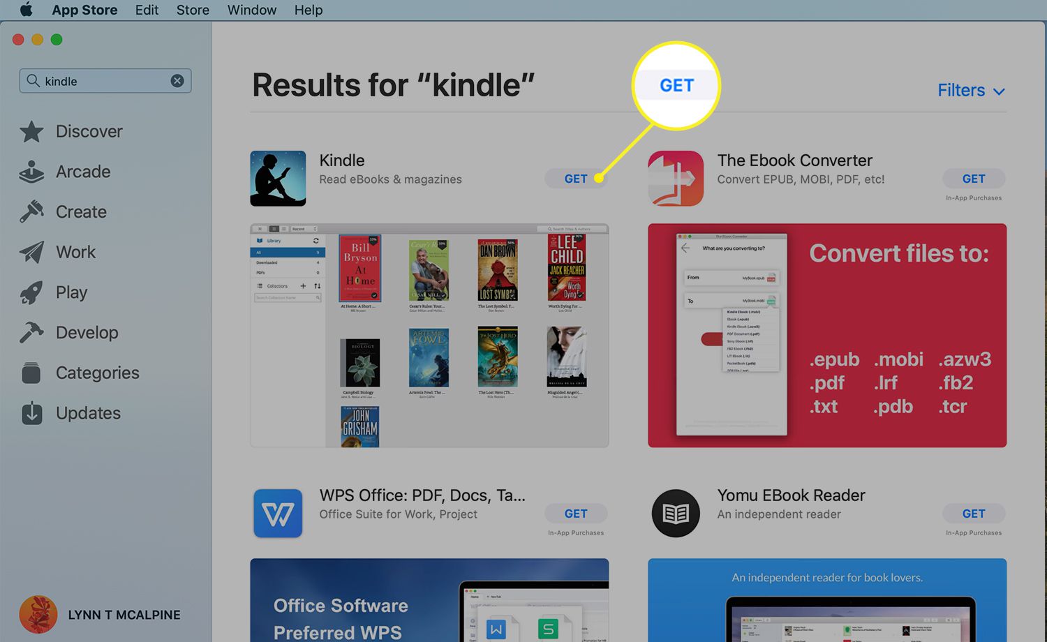 Aplikace Kindle v App Store se zvýrazněním Get