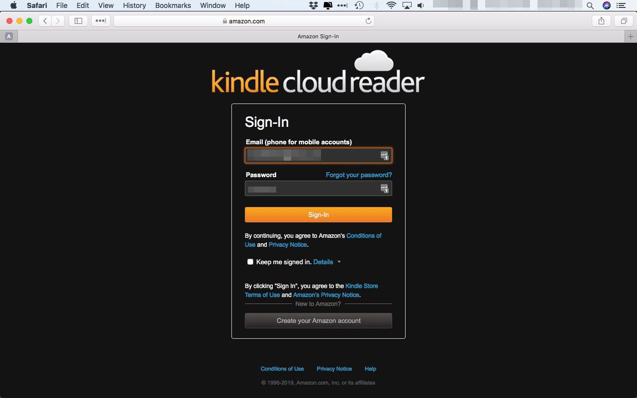 Přihlašovací stránka pro web Kindle Cloud Reader