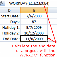 Screenshot funkce aplikace WORKDAY aplikace Excel