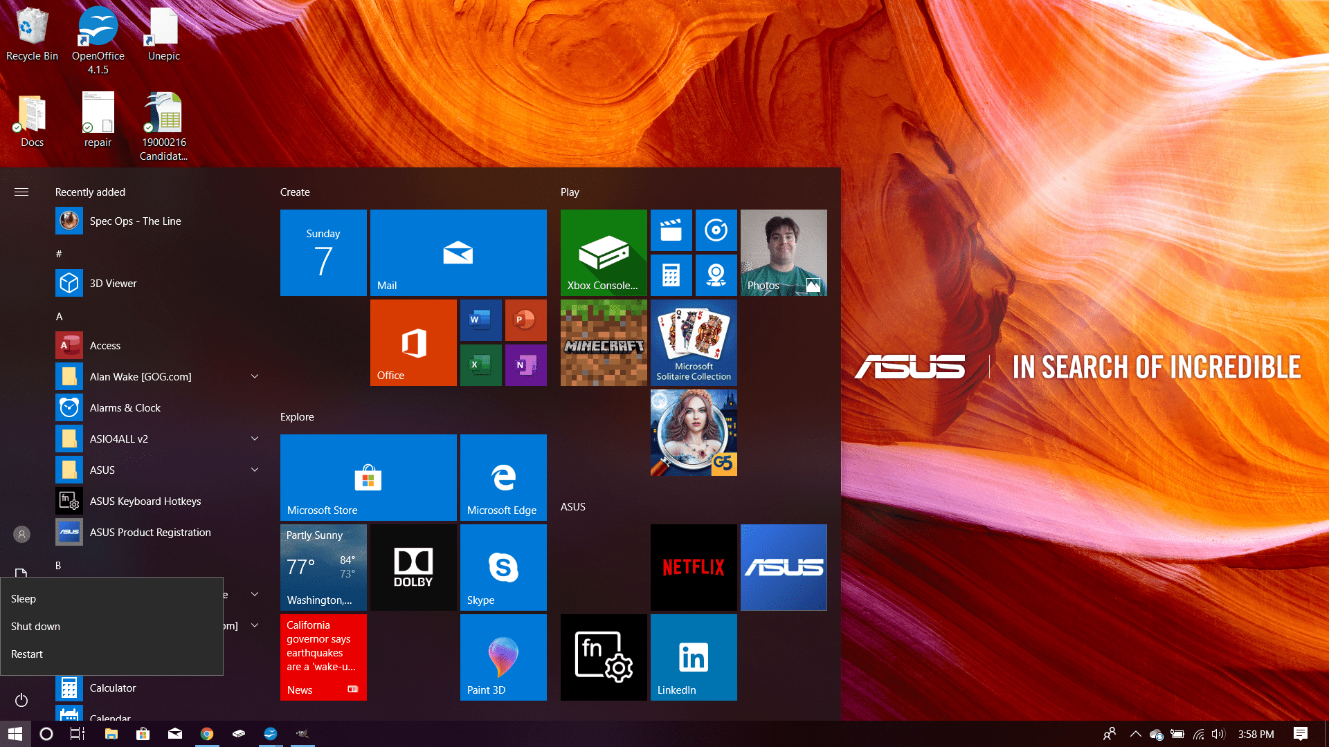 Nabídka Start ve Windows 10