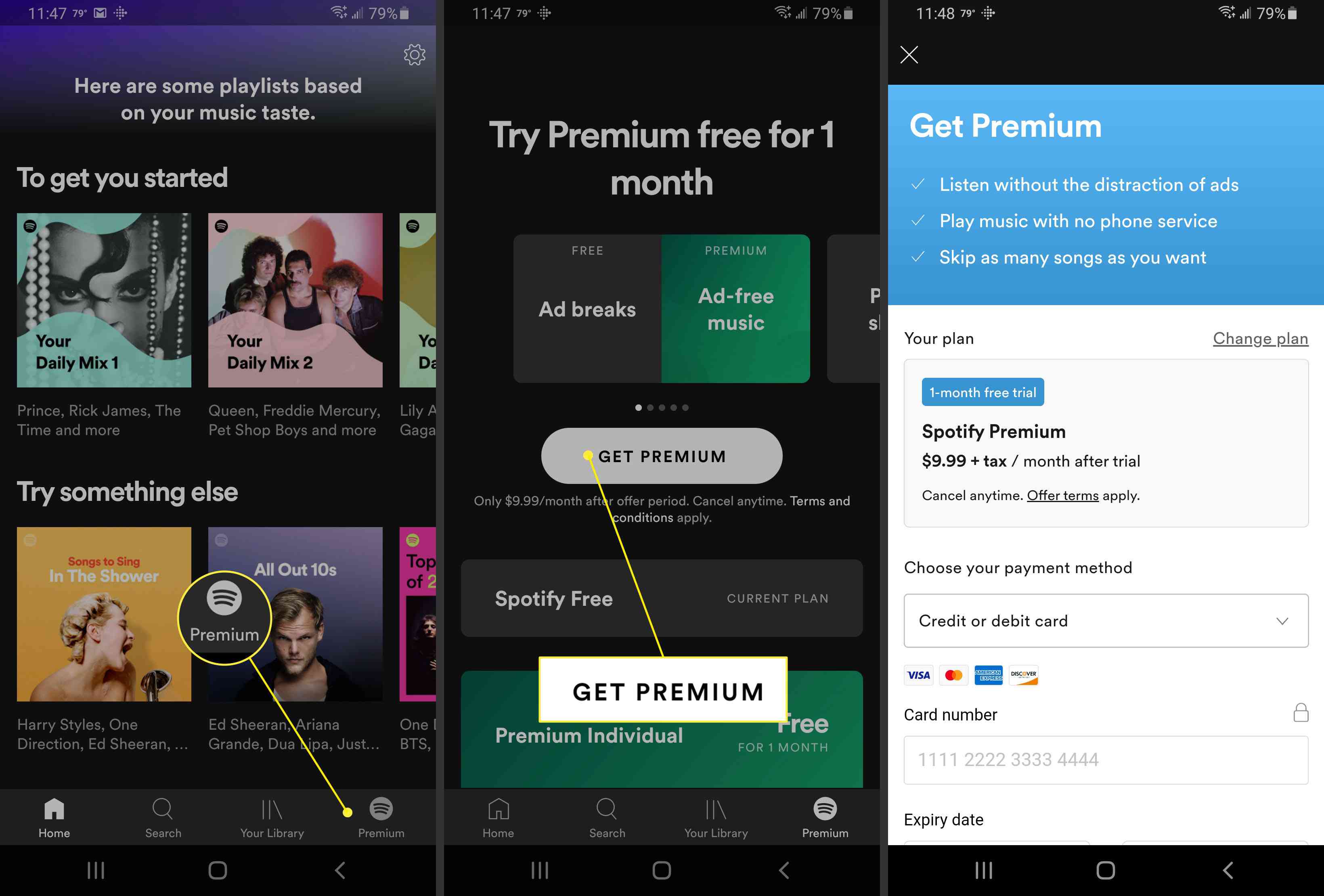 Přihlášení k odběru Spotify Premium pro Android.