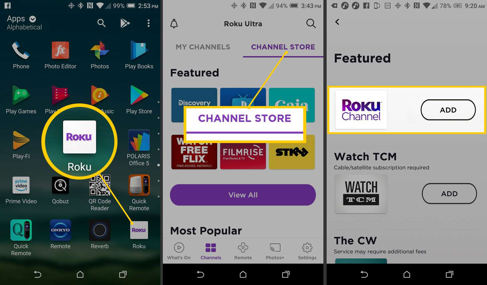 Mobilní aplikace Roku - přidání kanálu Roku