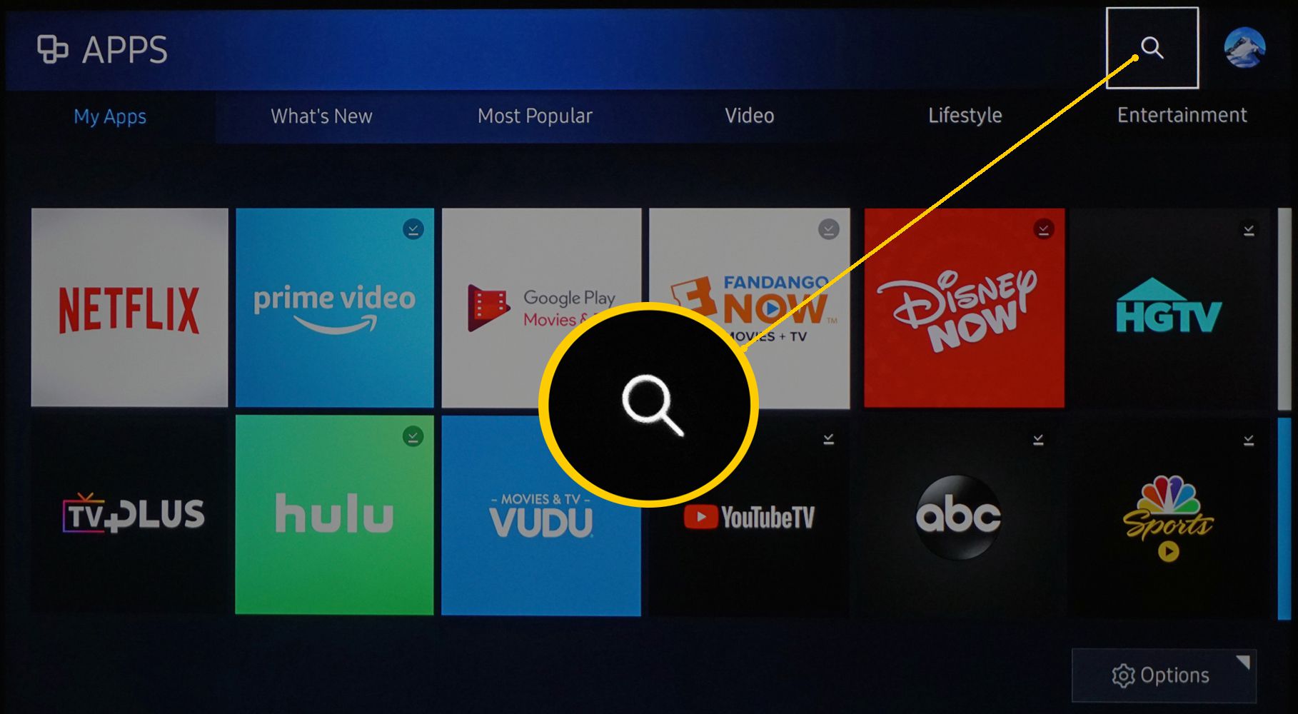 Ikona hledání aplikace Samsung Smart TV