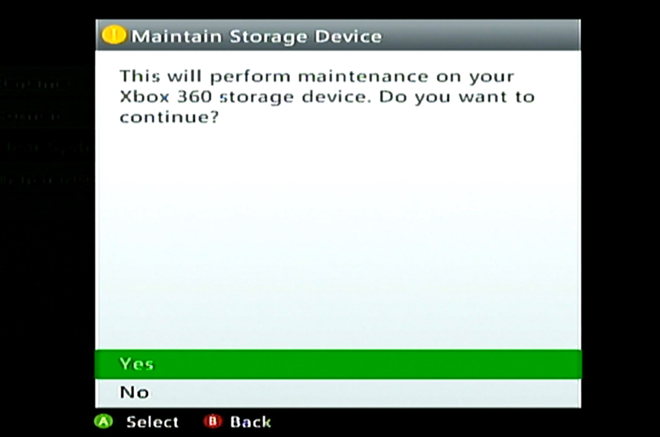 Ano pro údržbu úložného zařízení na Xbox 360