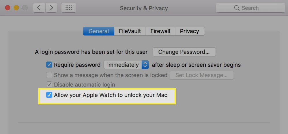 Zaškrtněte políčko Povolit Apple Watch odemykat Mac.