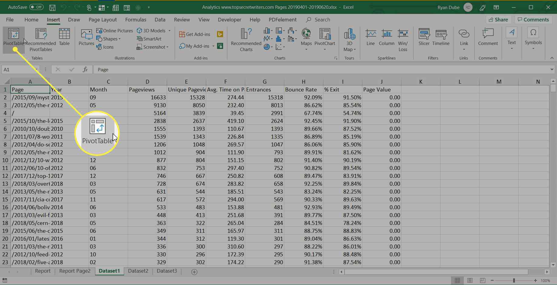 výběr kontingenční tabulky v aplikaci Excel