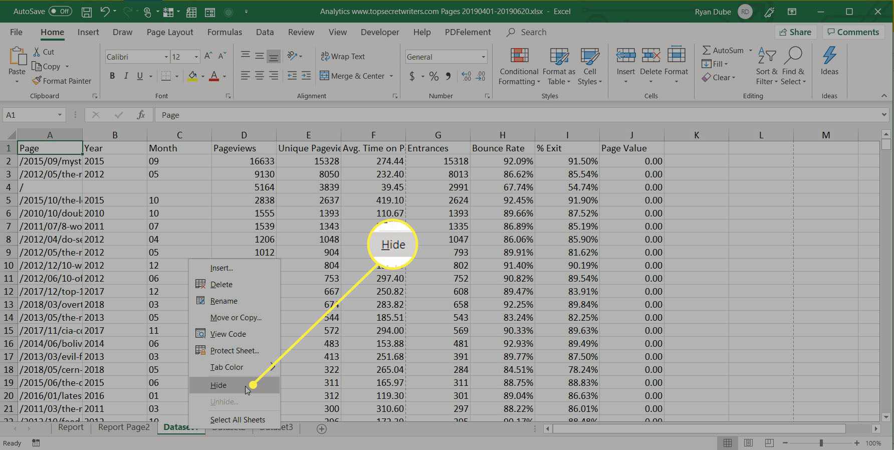 skrytí karet listů v aplikaci Excel