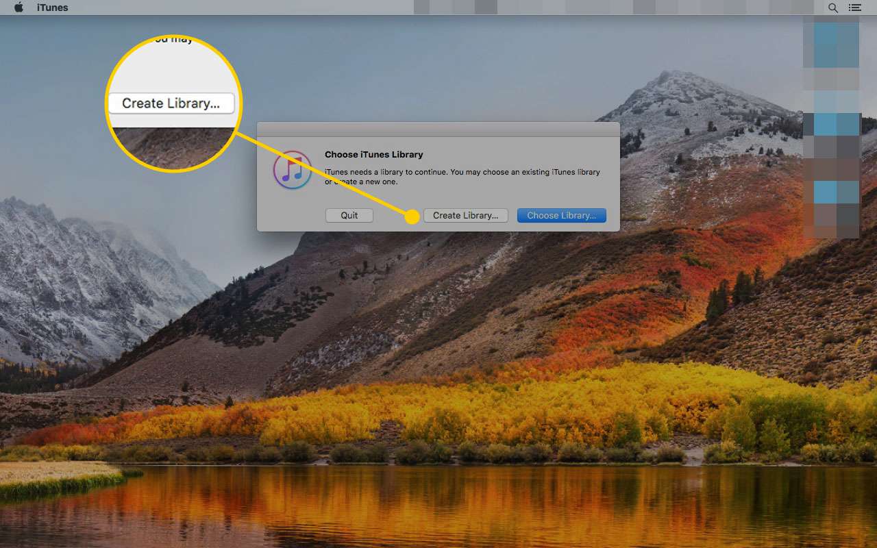 Vyberte okno Knihovna iTunes otevřené na počítači Mac se zvýrazněným tlačítkem Vytvořit knihovnu