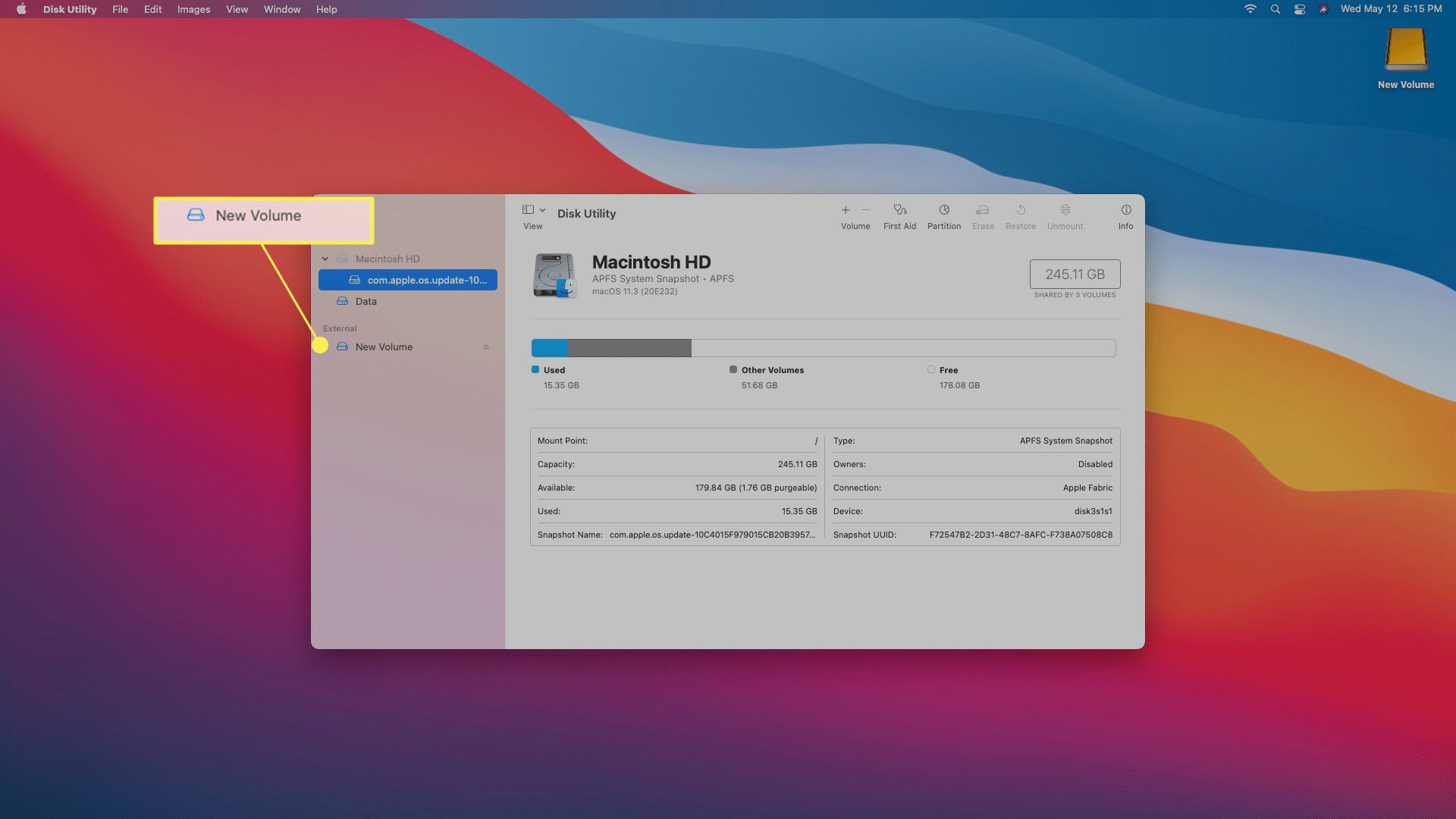 New Volume highlighted in Disk Utility on Mac.