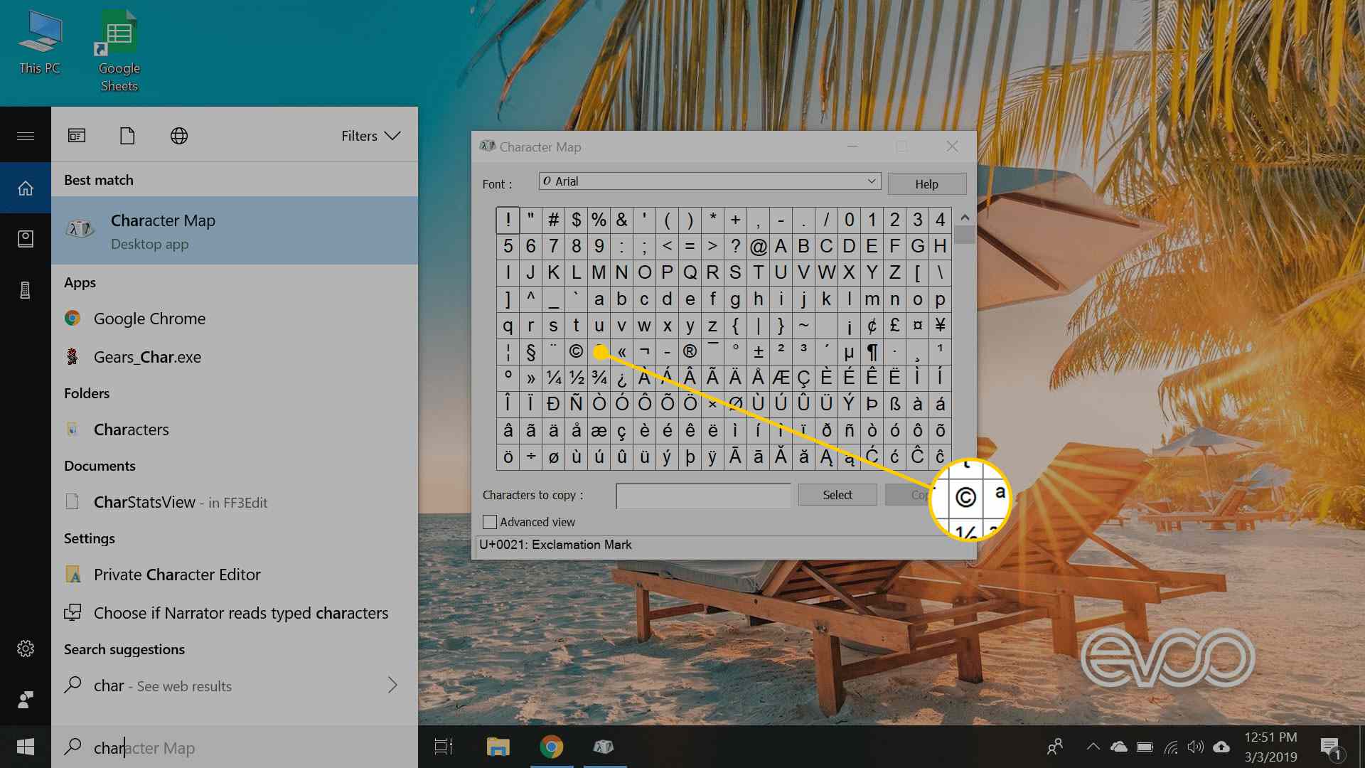 Aplikace Mapa znaků ve Windows 10 se zvýrazněným symbolem autorských práv