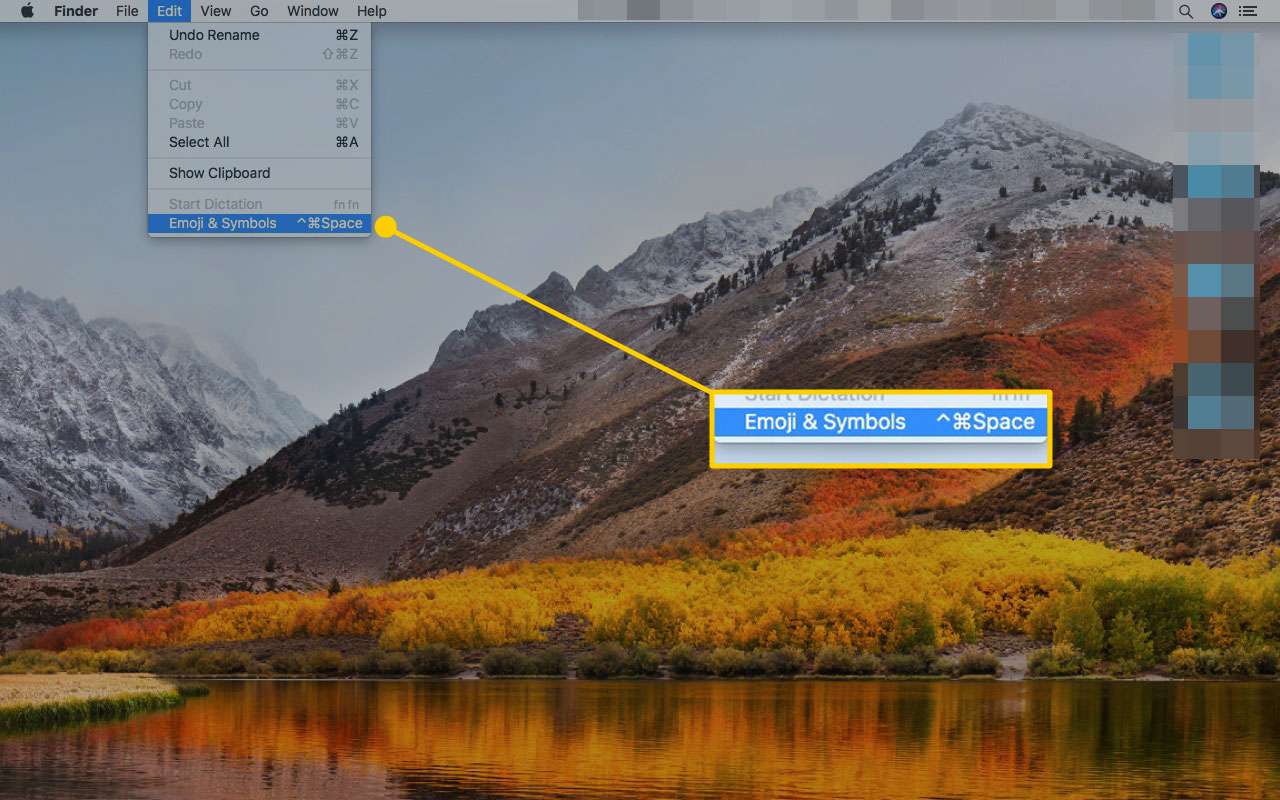 Možnost Emodži a symboly v nabídce Úpravy na počítači Mac
