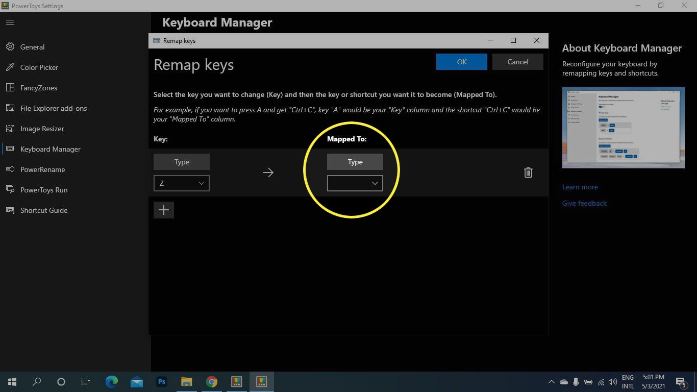 Zadejte pod Mapped To na obrazovce Remap Keys Microsoft PowerToys