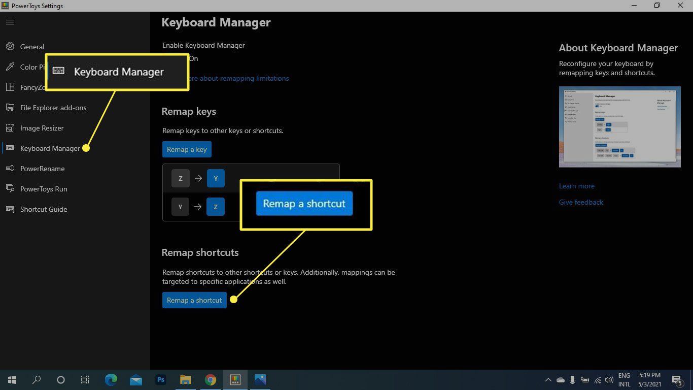 Keyboard Manager a Remap Shortcuts highlighted in Microsoft Power Toys