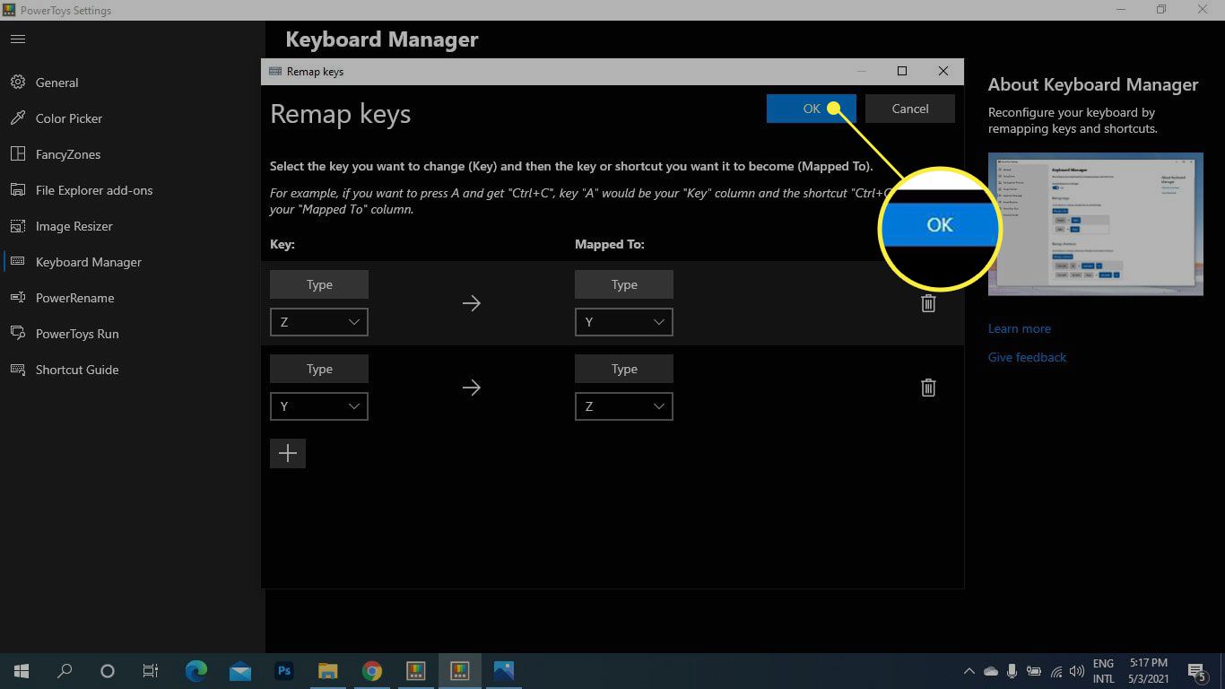 OK zvýrazněno na obrazovce Přemapovat klávesy PowerToys