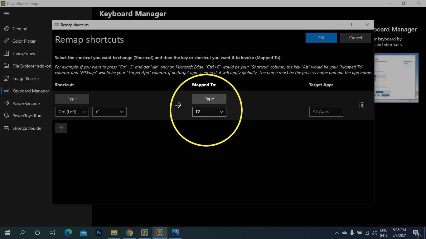 Zadejte pod Mapped To na obrazovce Remap Shortcuts Microsoft PowerToys