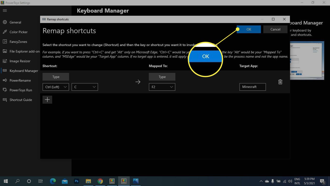 OK zvýrazněno na obrazovce Remap Shortcuts PowerToys