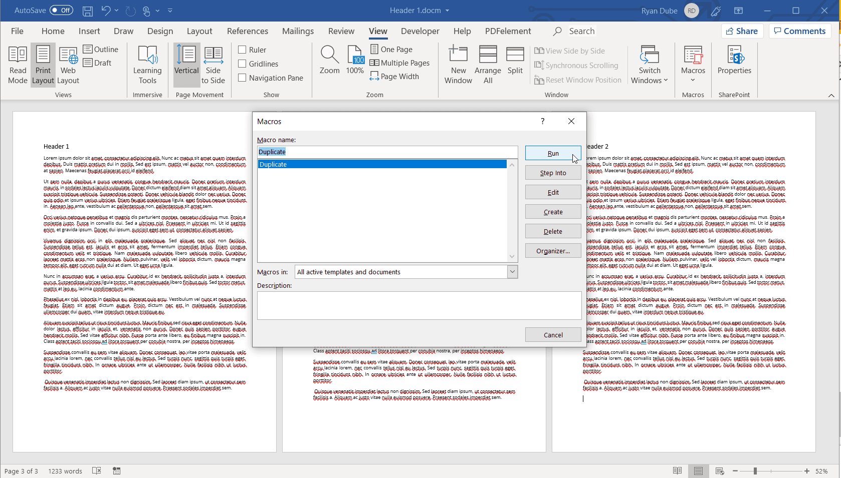 Screenshot spuštění makra v aplikaci Excel