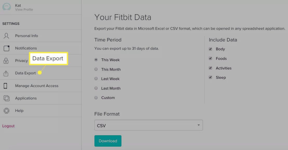 Nabídka Export dat Fitbit