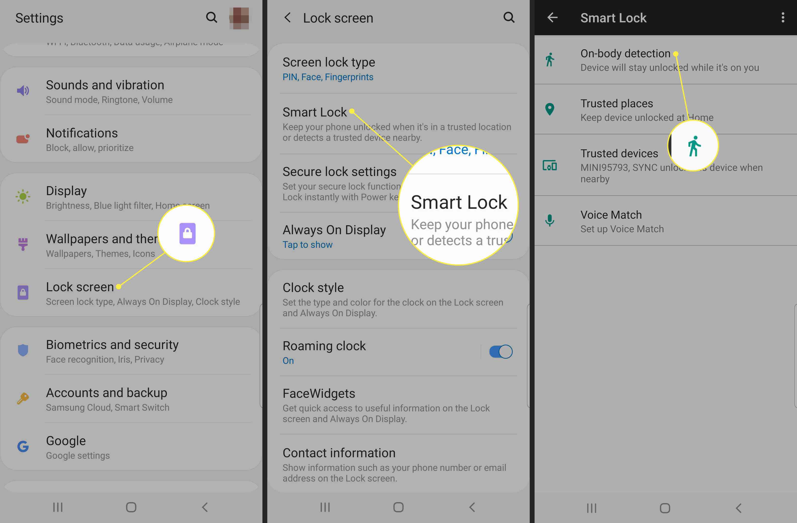 Telefon Android se zvýrazněnými nastaveními Lock Screen, Smart Lock a On-Body Detection