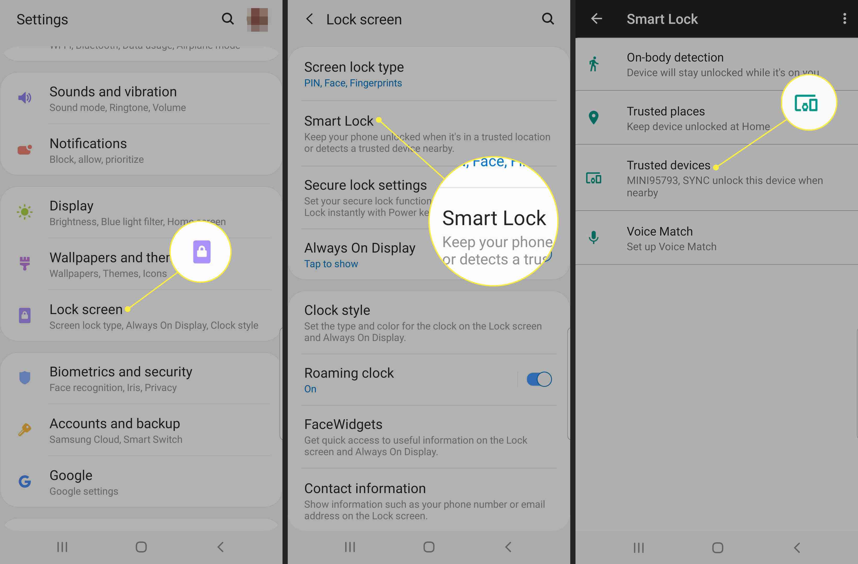 Telefon se systémem Android se zvýrazněnými částmi Lock Screen, Smart Lock a Trusted Devices