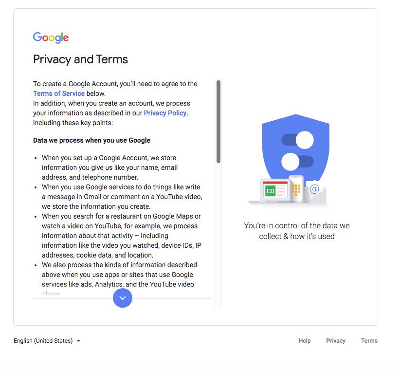 Ochrana osobních údajů a podmínky společnosti Google, součást vytváření účtu Google