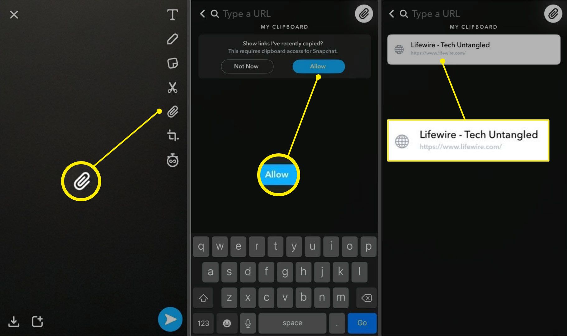 Tři snímky obrazovky aplikace Snapchat pro iOS.