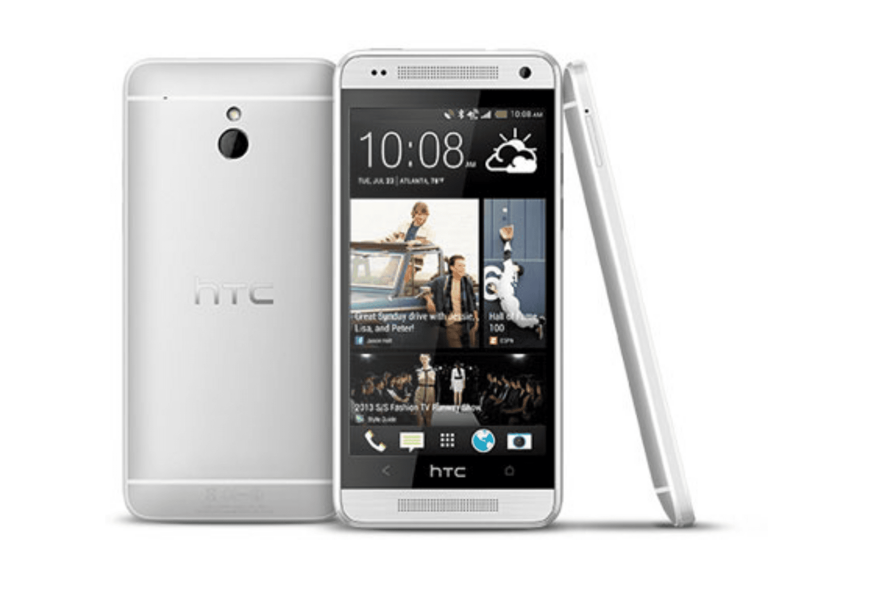 Smartphony HTC One Mini, při pohledu zezadu, zepředu a ze strany