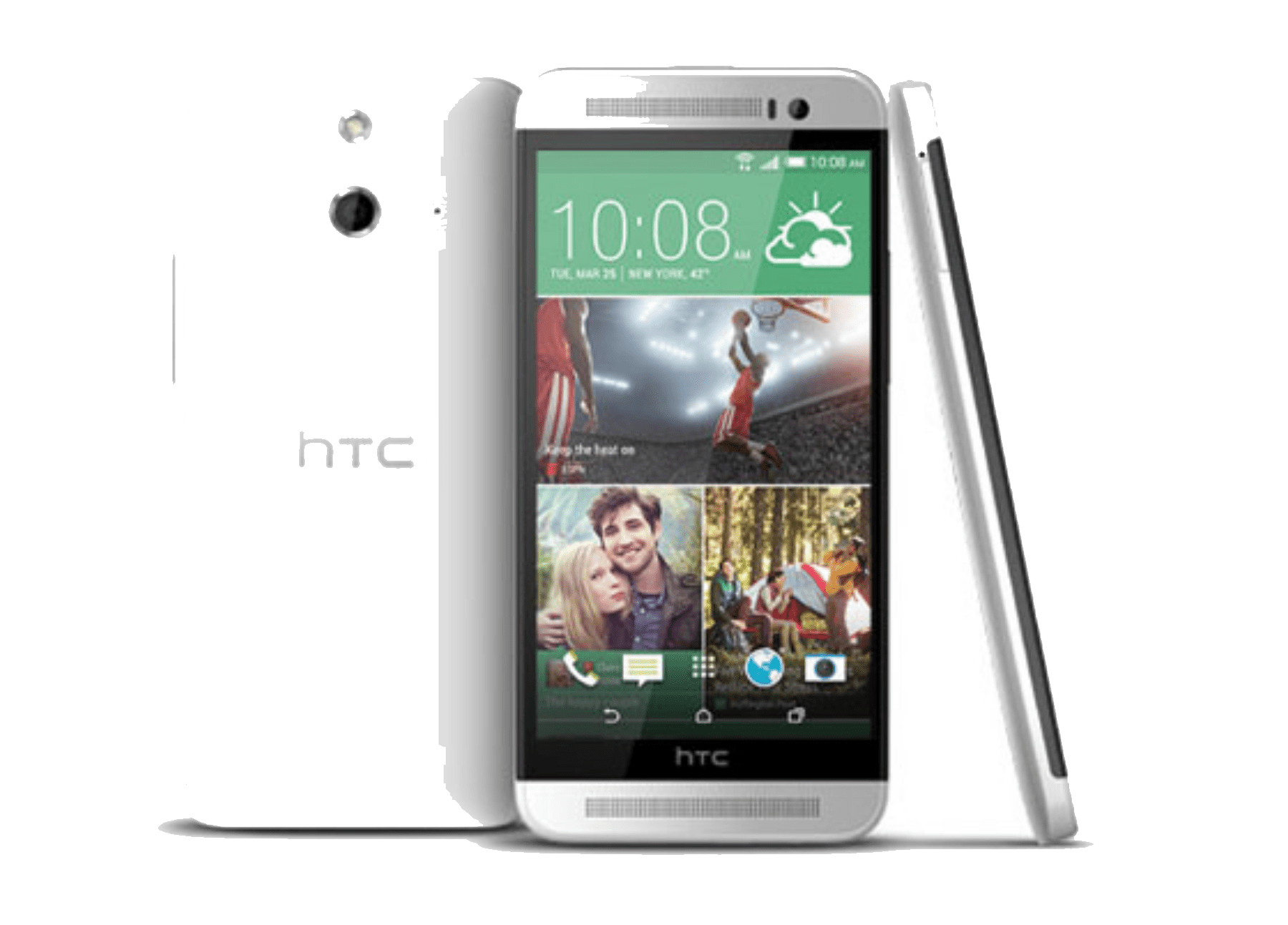 Smartphony HTC One E8, při pohledu zezadu, zepředu a ze strany