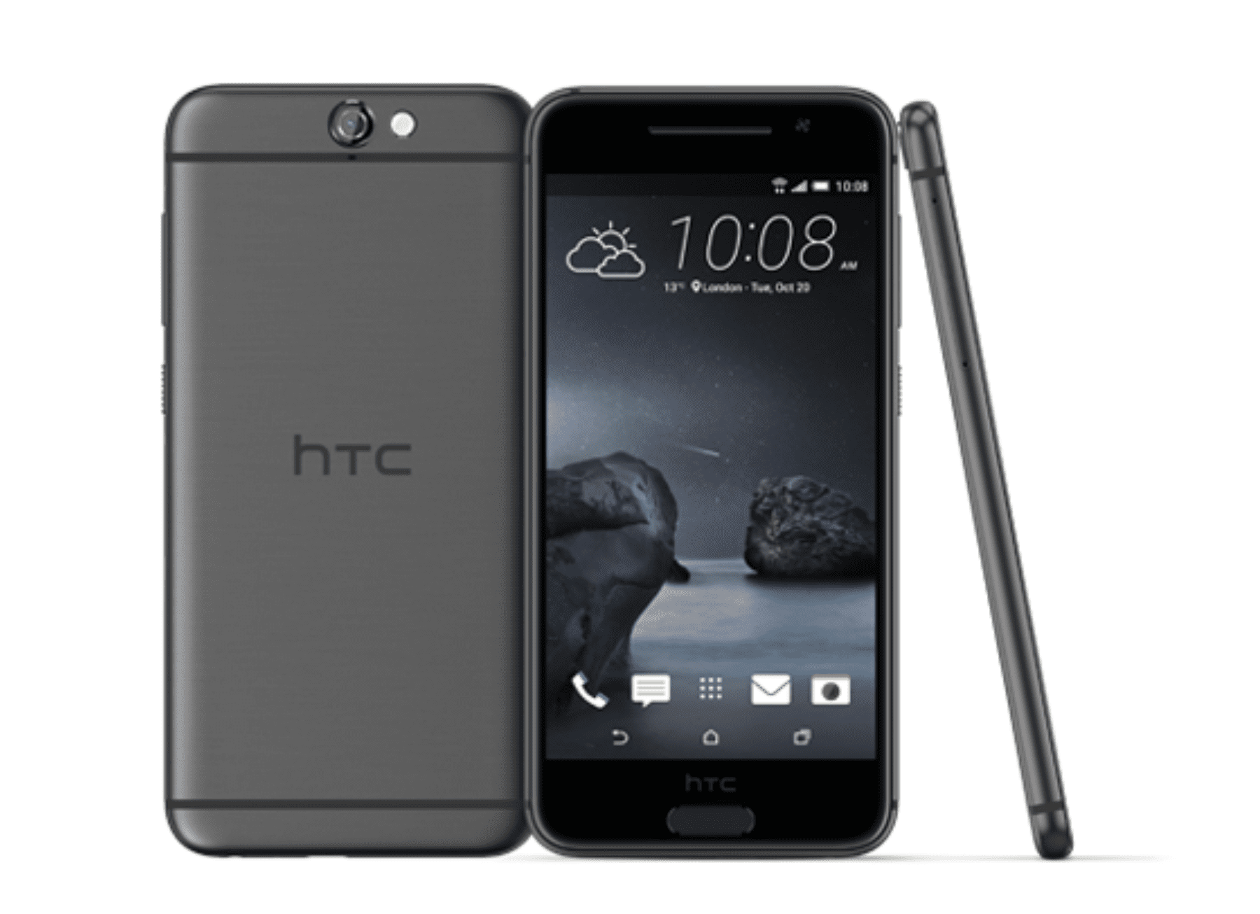 Smartphony HTC One A9, při pohledu zezadu, zepředu a ze strany