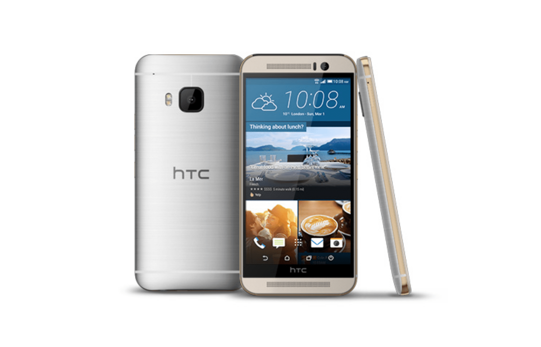 Smartphony HTC One M9, při pohledu zezadu, zepředu a ze strany