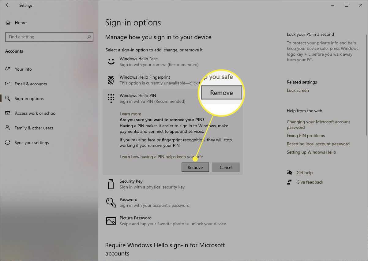 Windows 10 odebrat potvrzení PIN se zvýrazněným Odebrat