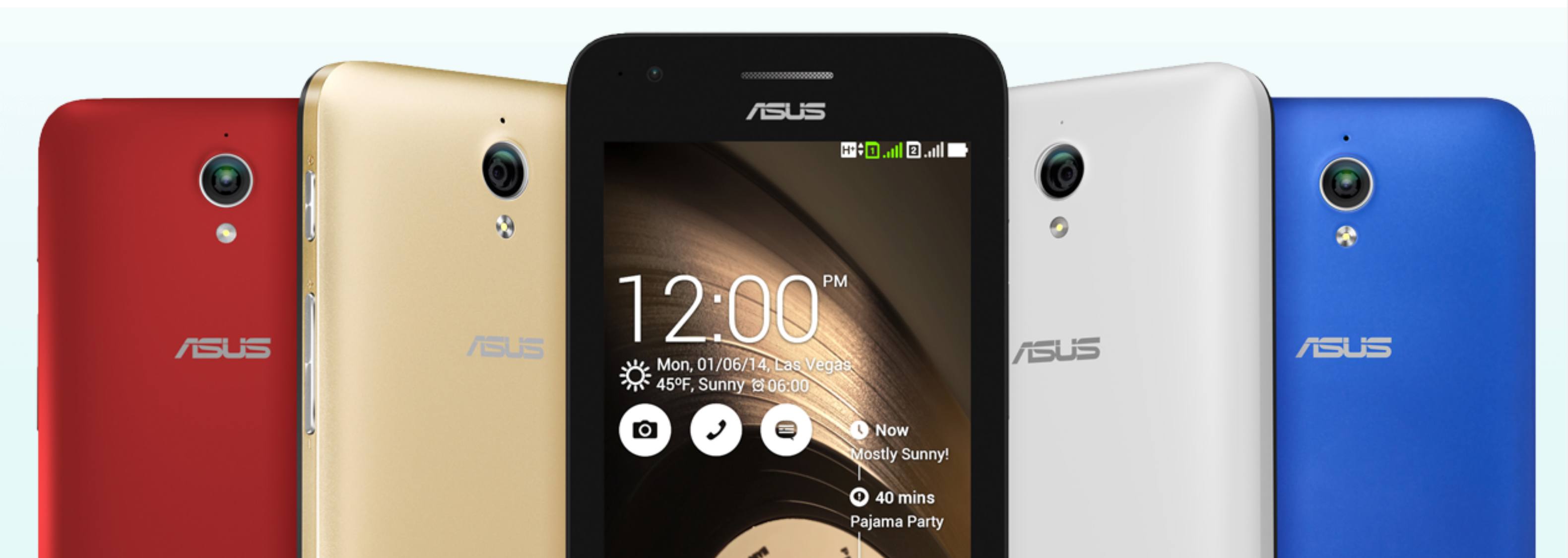 Asus ZenFone C v červené, zlaté, bílé a modré barvě, přední a zadní pohled