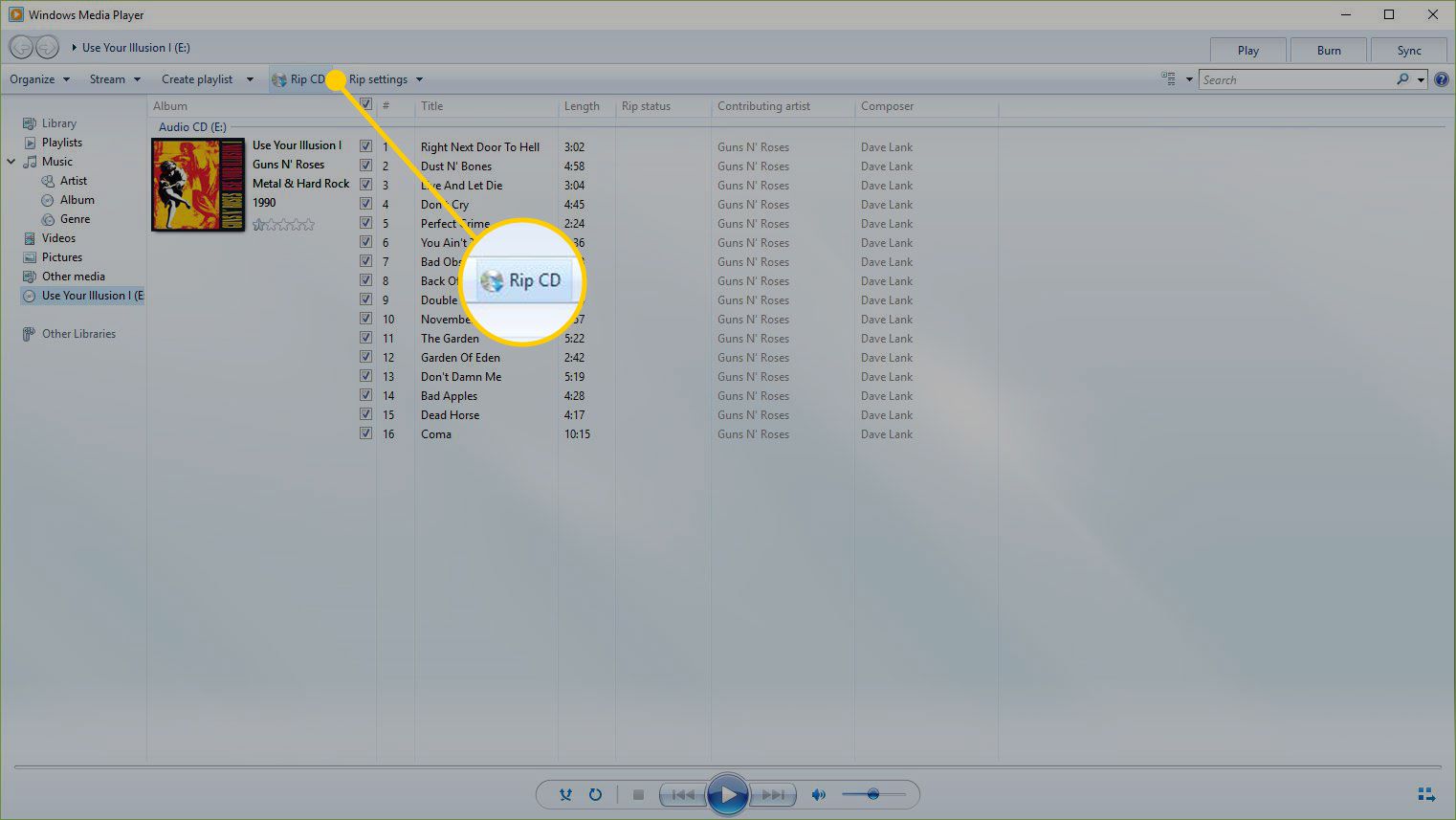 Windows Media Player se zvýrazněným tlačítkem Rip CD