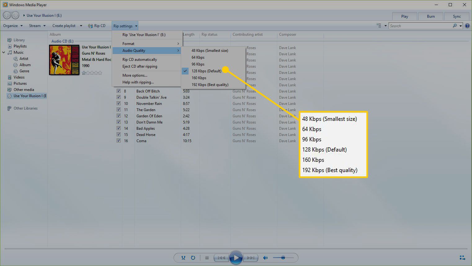 Nabídka Rip Settings v programu Windows Media Player se zvýrazněnými možnostmi kvality