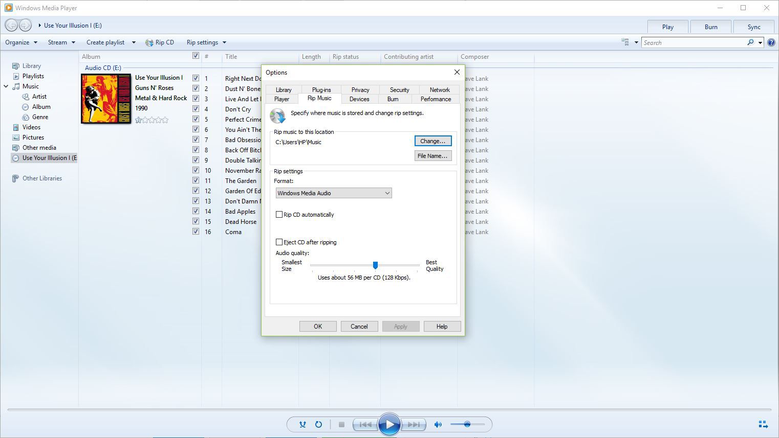 Další možnosti v Nastavení kopírování a kopírování v programu Windows Media Player