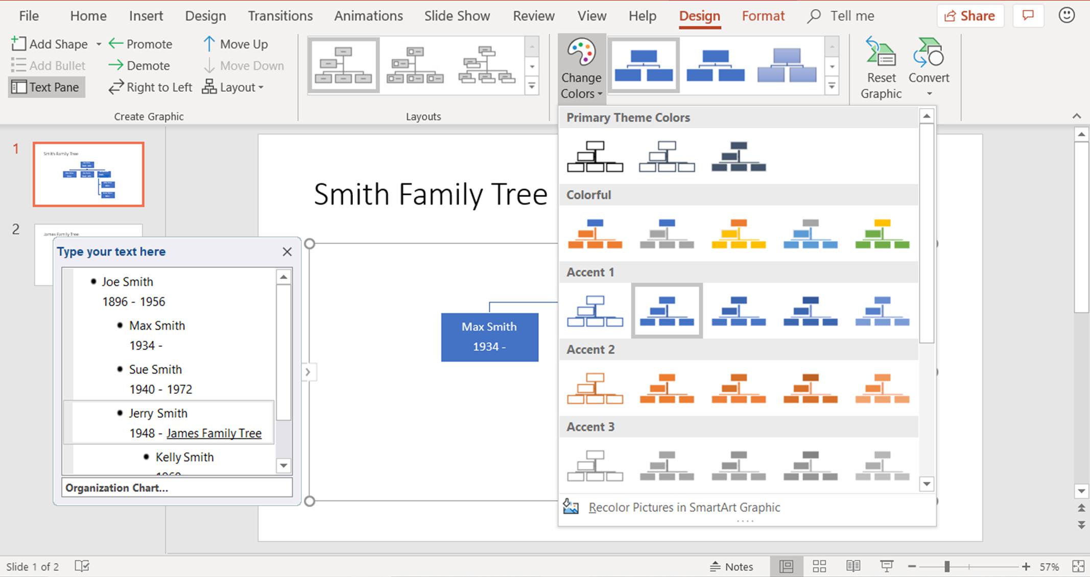 Snímek obrazovky ukazující, jak změnit barvy v grafice SmartArt v aplikaci PowerPoint