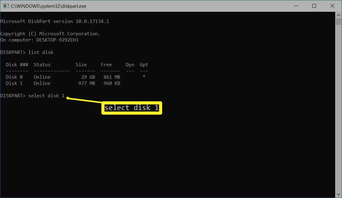 vyberte disk 1 v programu DISKPART