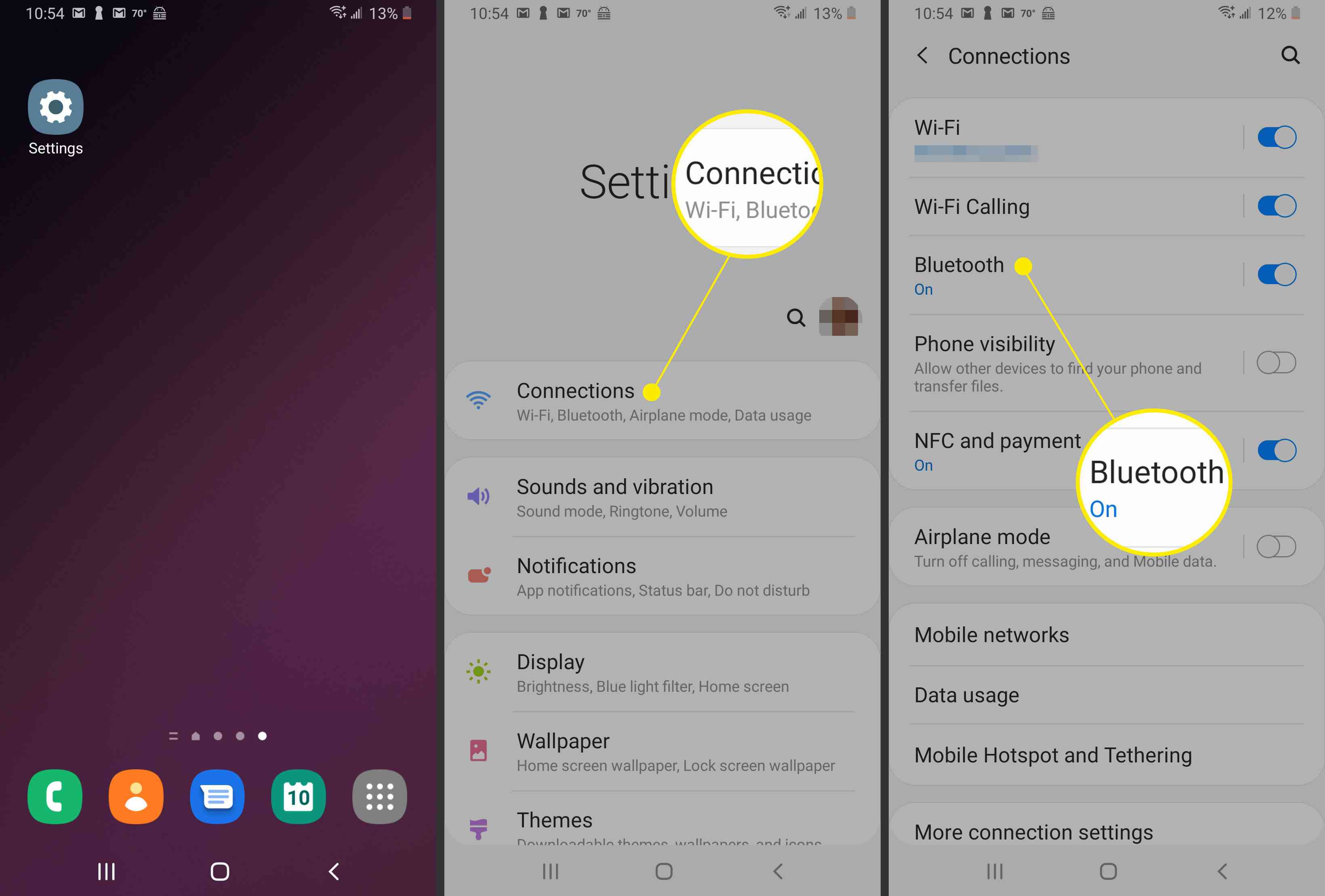 Screenshoty navigace do nastavení Bluetooth v systému Android.